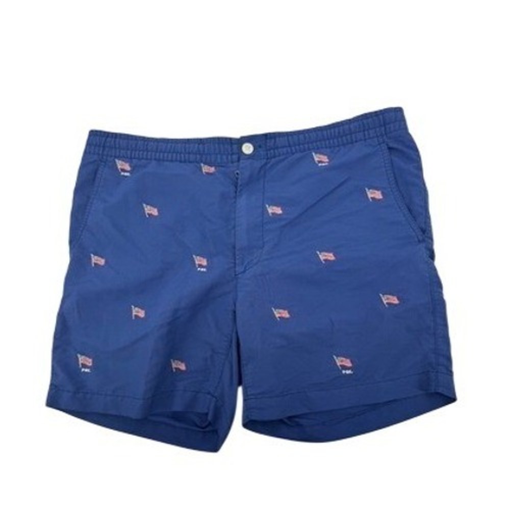 Polo Ralph Lauren ALL Over Embroidered Flag Swim Trunks Mens Small Blue